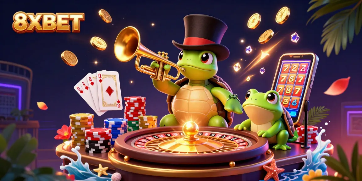 Win big with 8XBET in this vibrant 3D casino scene featuring a turtle and frog surrounded by gold coins.