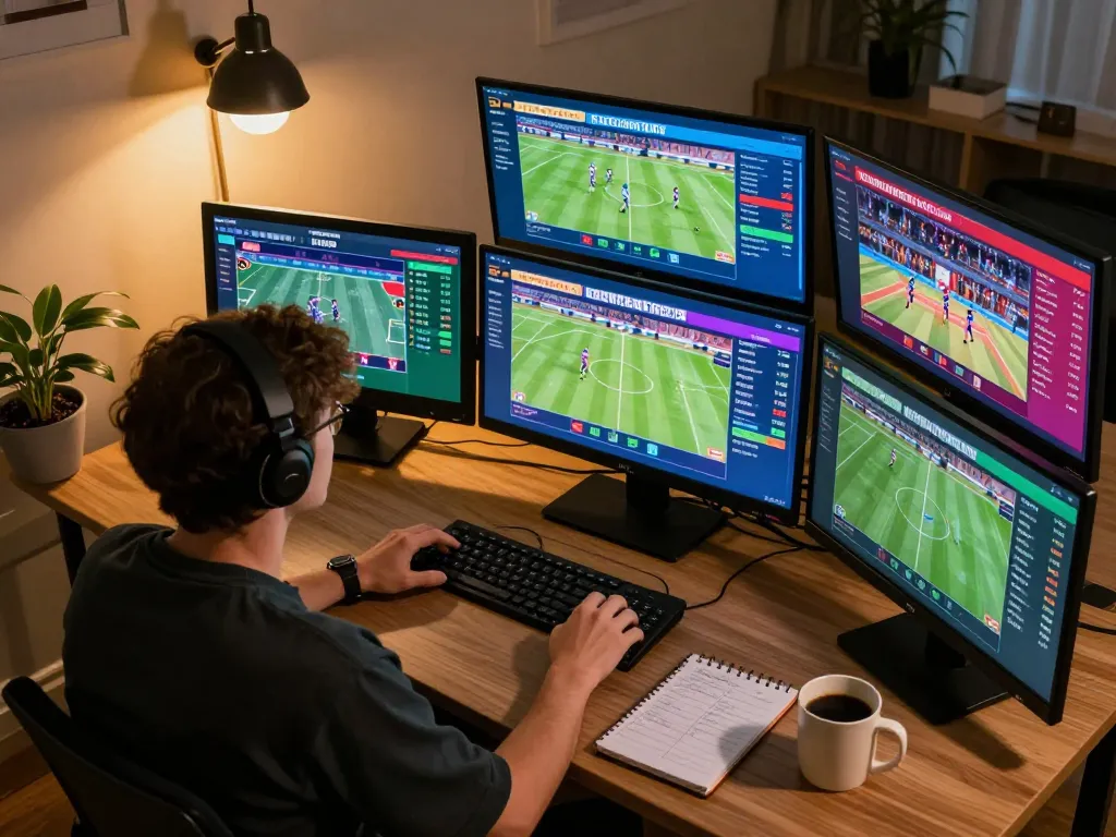 Person engaged in sports betting on screens, showcasing 99ok platform with dynamic odds.