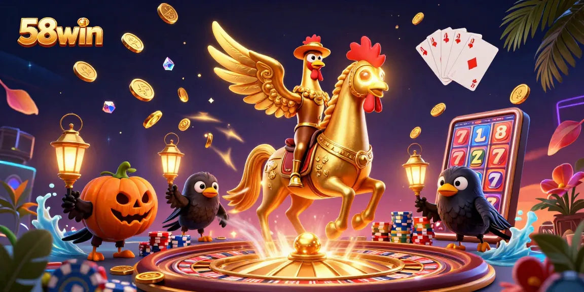 Experience the thrill of 58win's casino with a golden rooster in a midnight scene, showcasing vibrant game elements.