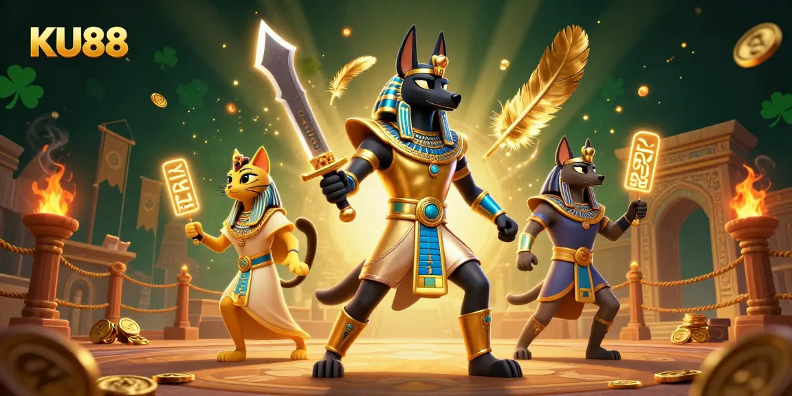 Experience thrilling action at KU88 Casino with dynamic characters, glowing hieroglyphs, and gaming symbols.