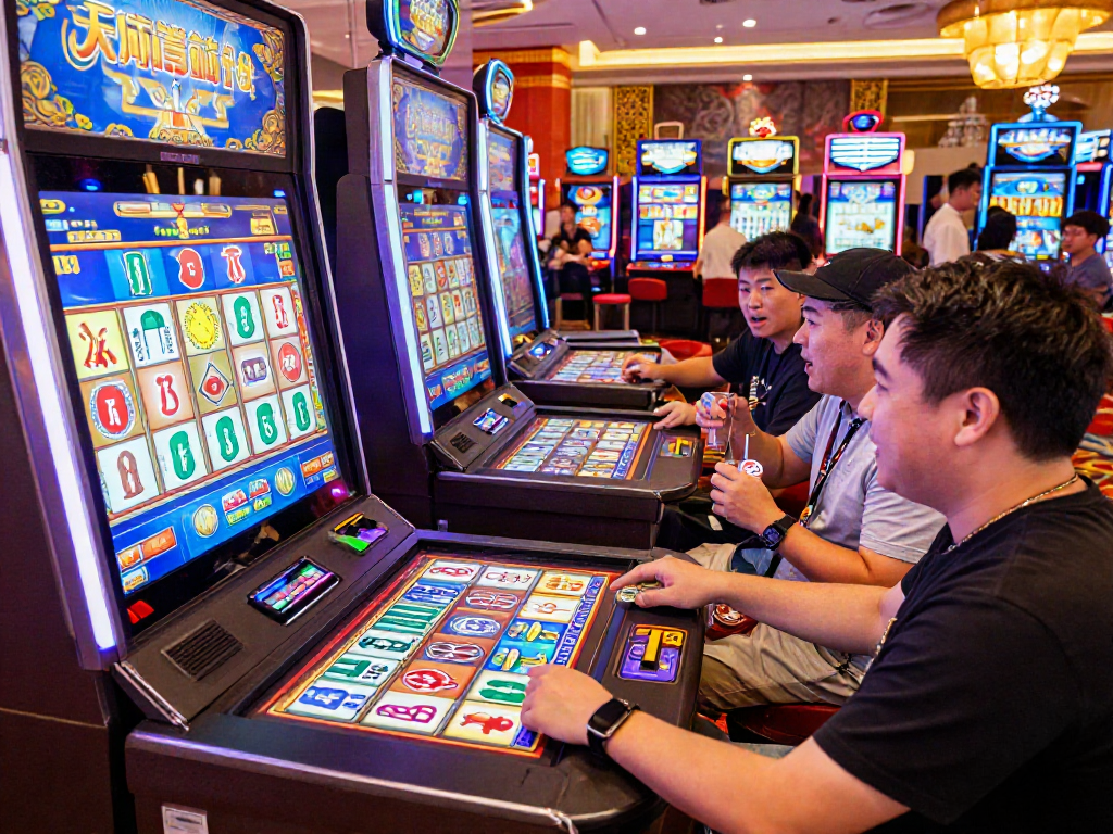 Pengguna menikmati permainan mesin slot mahjong yang penuh warna dan atmosfer kasino yang hidup.