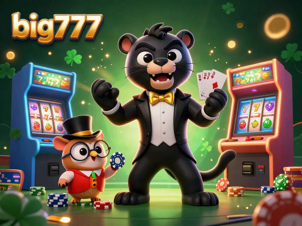 Engage with big777 slots featuring a stylish panther dealer, an owl with chips, and luck symbols.