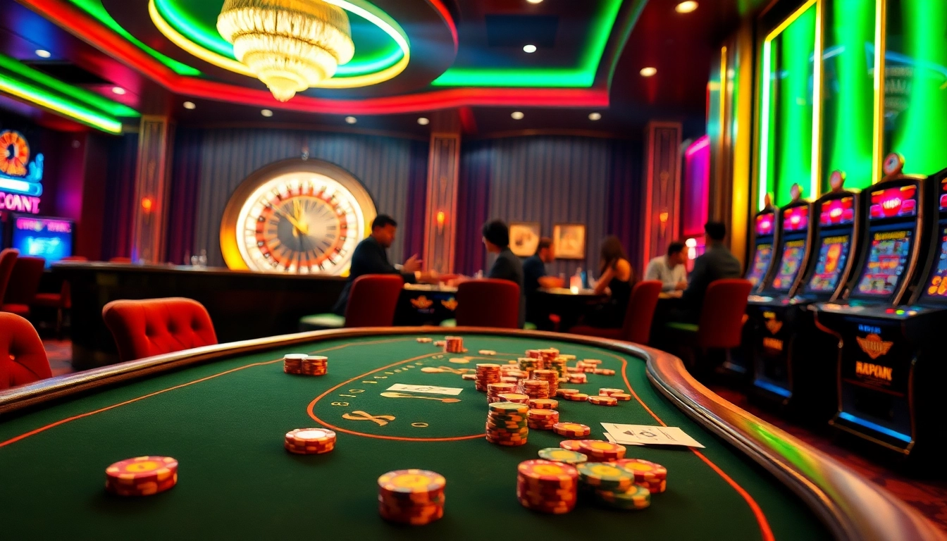 Hit Club themed casino scene showcasing poker tables, roulette wheels, and vibrant gambling excitement.