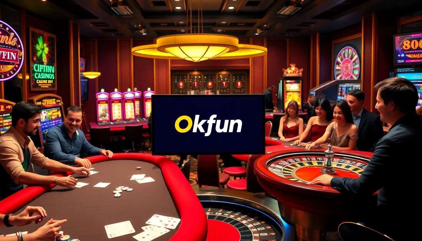 Players enjoying a thrilling game at Okfun's luxury casino with vibrant slot machines and poker tables.