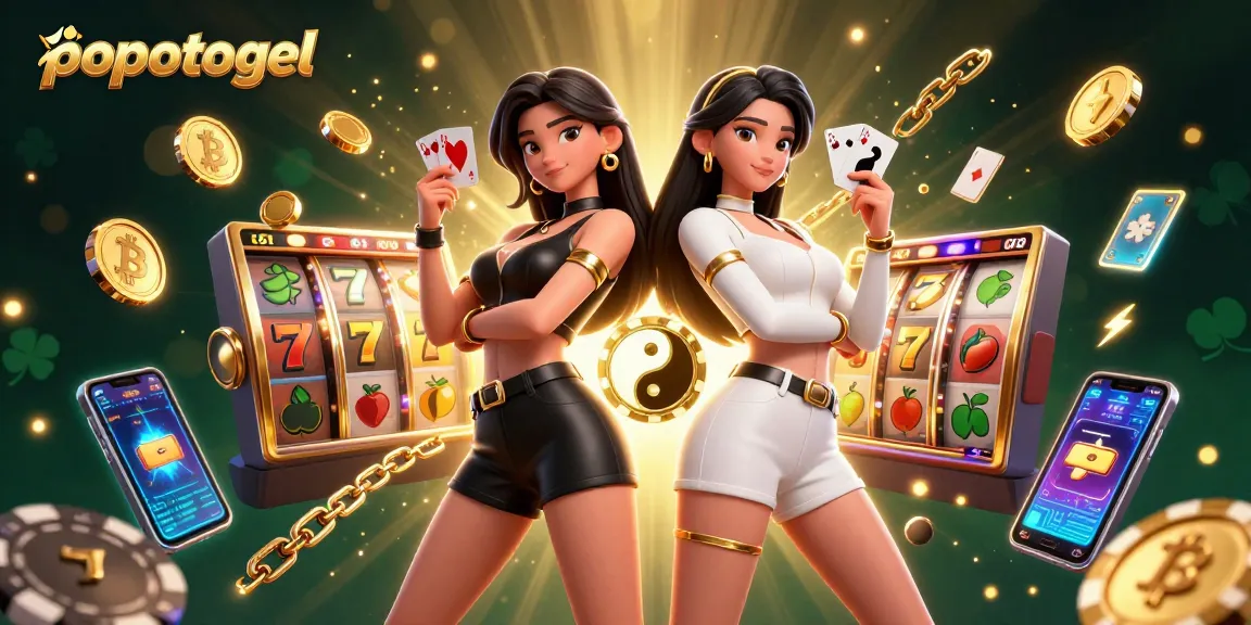 Play thrilling games on popotogel, featuring twin Asian women with playing cards and vibrant slot elements.