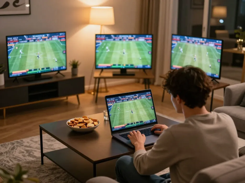 Cakhia user engaged in online sports betting in a cozy home setting, showcasing responsible gambling.