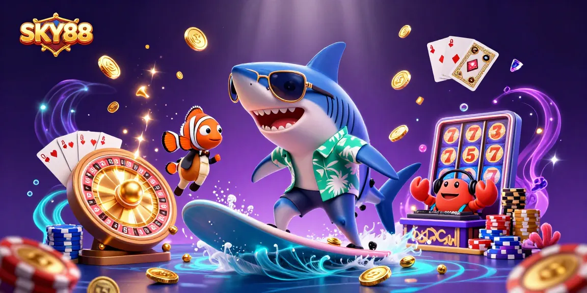 SKY88 celebrates thrilling casino excitement with a shark surfing gold coins amidst immersive gaming elements.