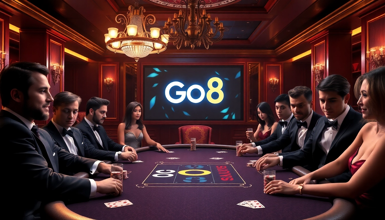 Experience high-stakes action at Go8's luxurious casino poker table with players focused on their game.