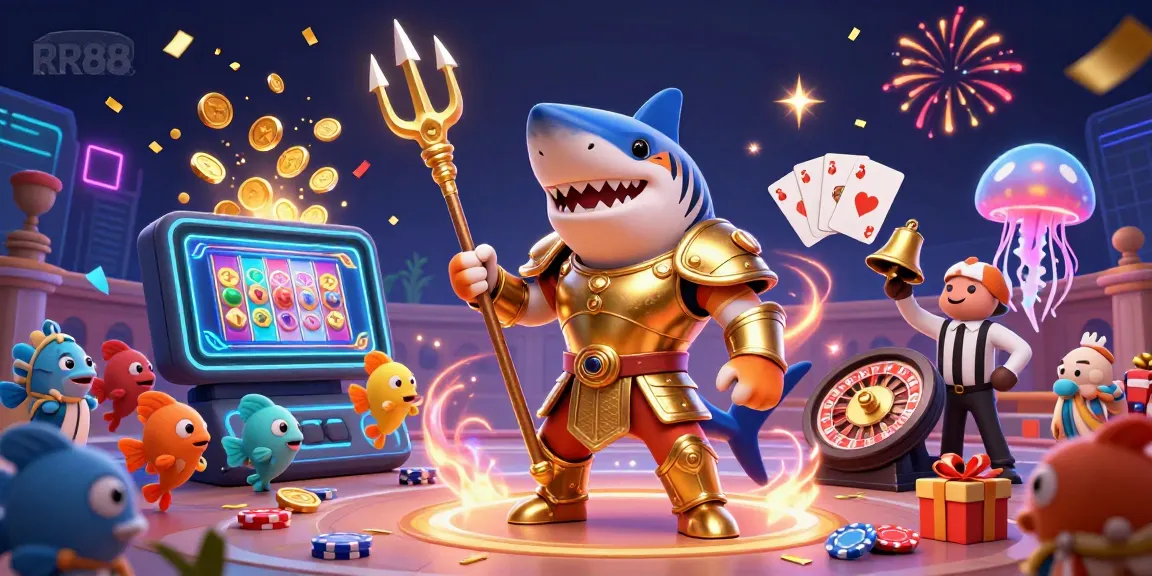 Engage with RR88's dynamic casino games in a vibrant underwater setting featuring a golden gladiator tiger shark.