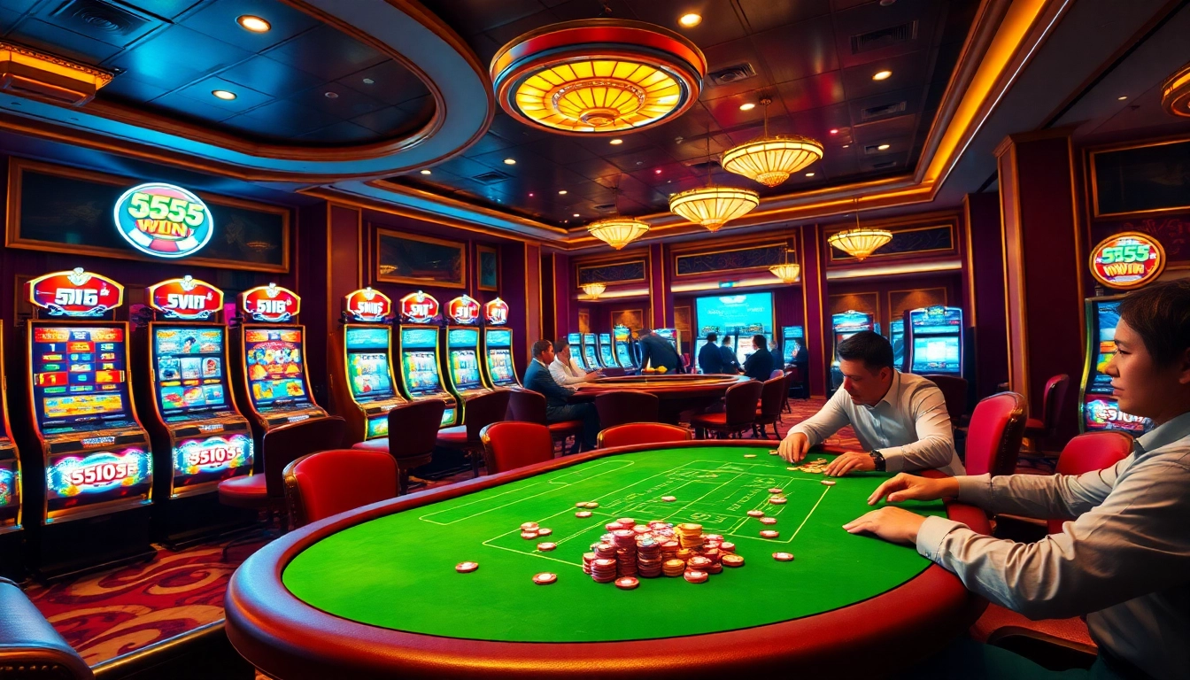 Experience the thrill of 555 win at a luxurious casino with vibrant slot machines and poker tables.