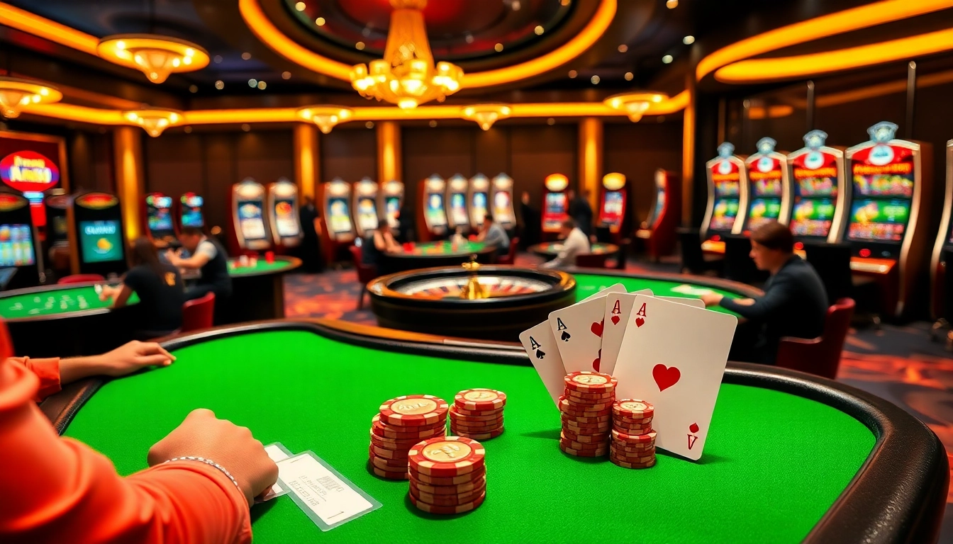 Engaged players enjoying games on https://ax88.com.de/ in a vibrant casino setting with poker chips and cards.