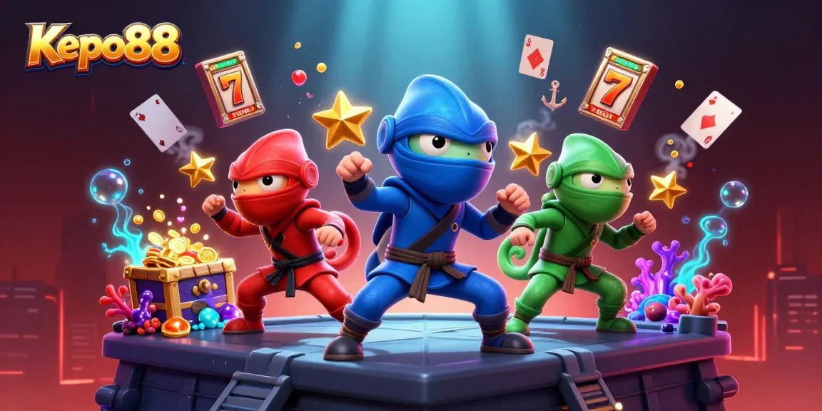 Kepo88 offers dynamic slot gameplay with chameleon ninjas surrounded by vibrant casino elements.