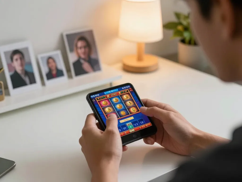 Terlibat dalam aksi perjudian mobile dengan permainan slot tante77 yang ditampilkan di smartphone