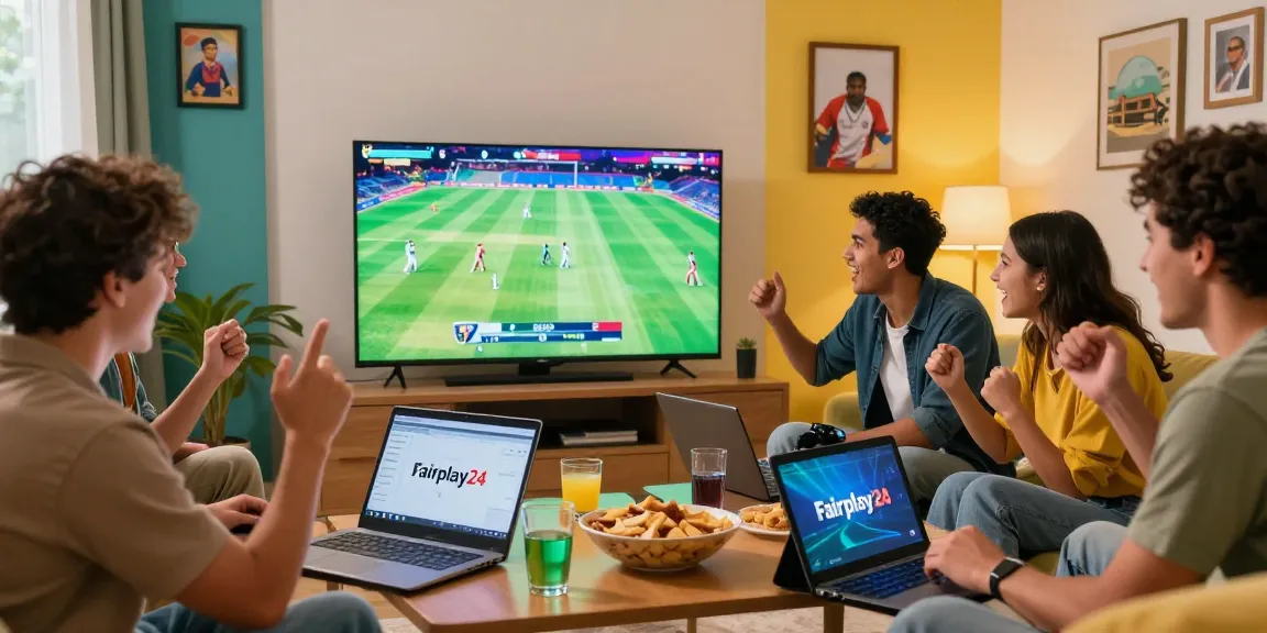 Friends enjoying a cricket match at home while placing bets through Fairplay24, reflecting excitement and engagement in the sports betting experience.