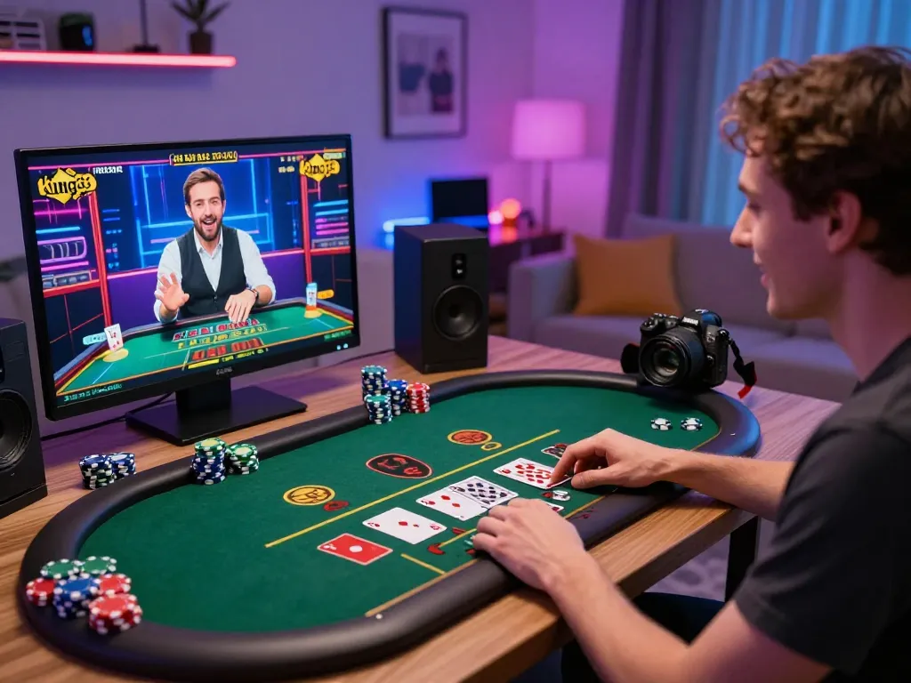 Player enjoying an exciting game on king33's online casino platform from home, engaging with a live dealer