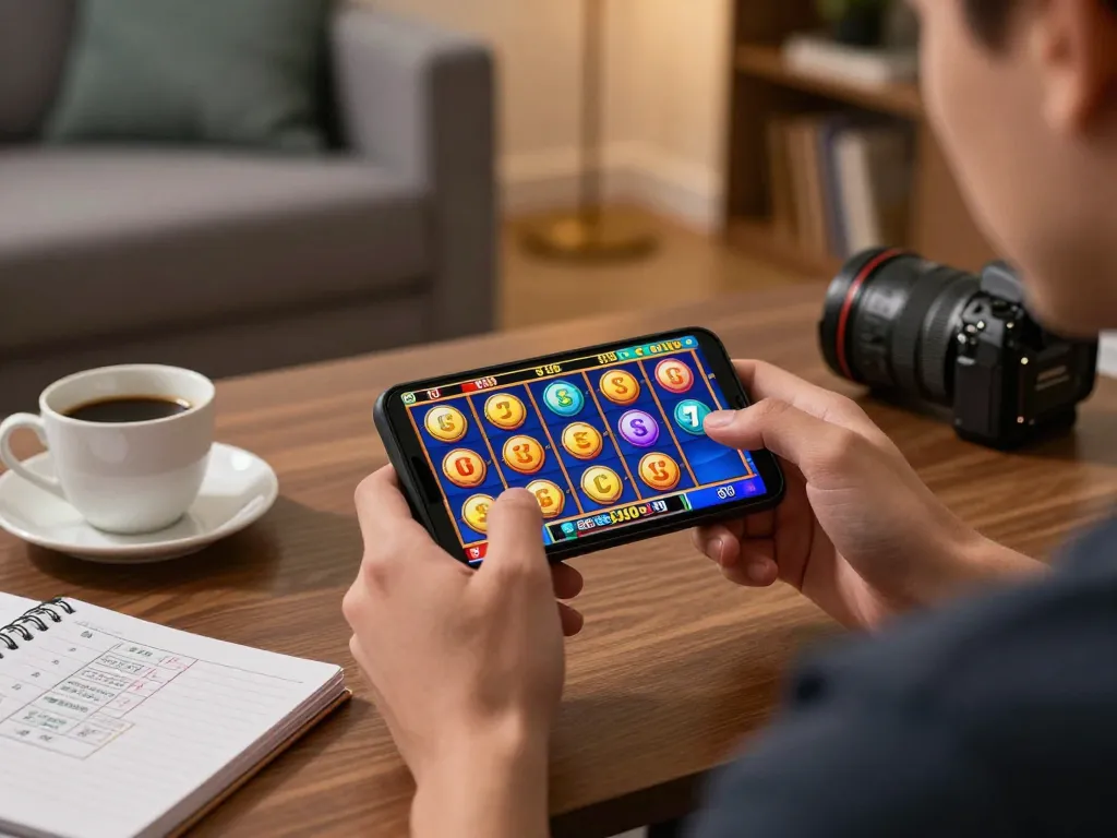 Engaging in gg88 slot gameplay on a smartphone in a cozy home setting, featuring colorful graphics and strategy notes.