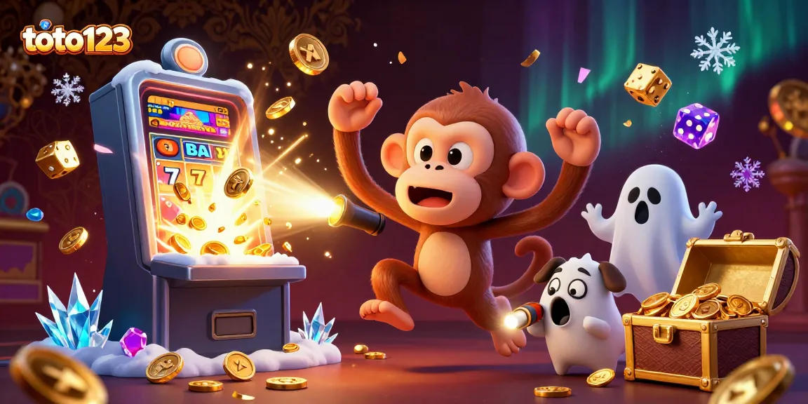 Toto123 showcases an interactive casino scene with a playful poltergeist monkey and a ghost-hunter puppy exploring a vibrant slot machine environment.