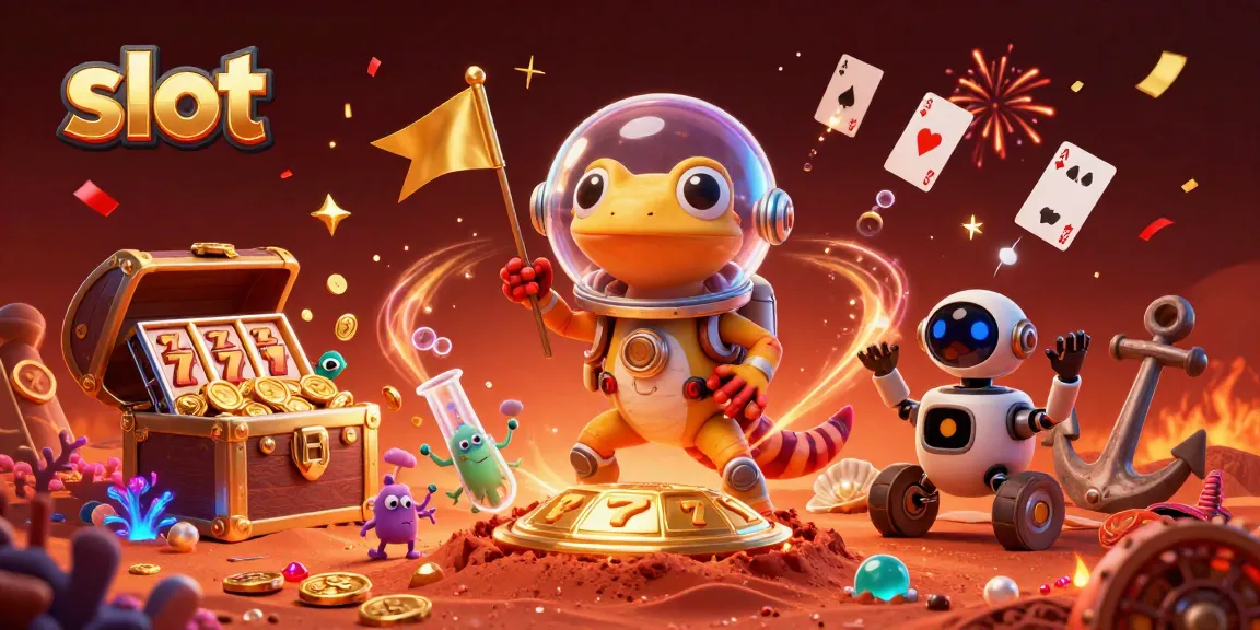 Cheerful Martian gecko spins the slot reels in a golden casino under Mars' red sand.