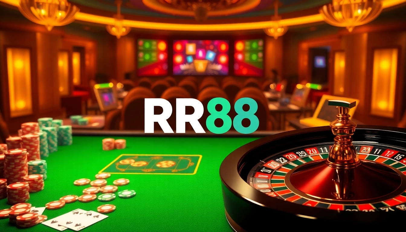Engaging online gambling scene featuring RR88 logo, casino tables, and poker chips.