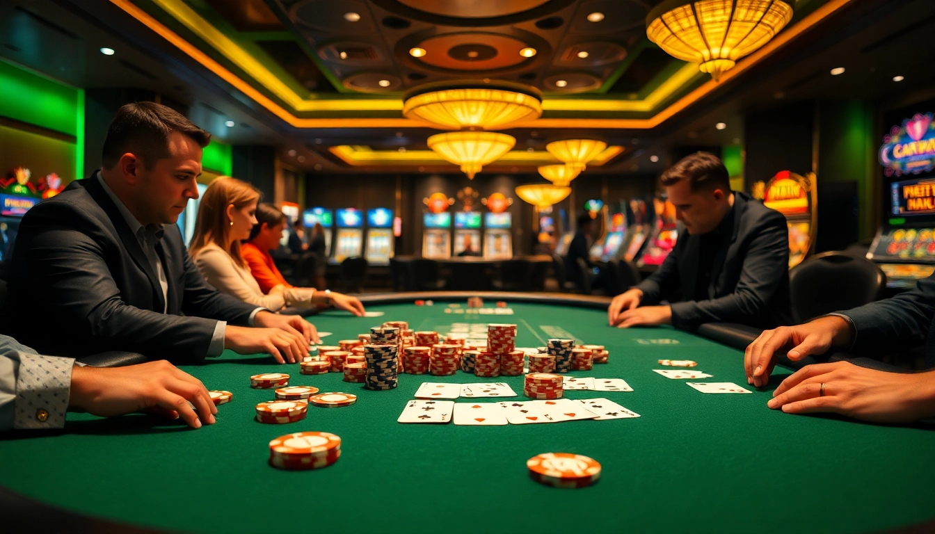 Experience the excitement of KKWIN 03 with a vibrant poker game featuring intense players and colorful chips.