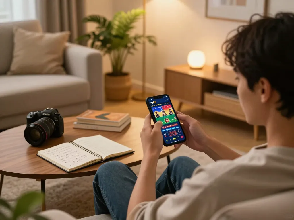 Engaging in online gambling on the fly88 app with a smartphone in a cozy setting.