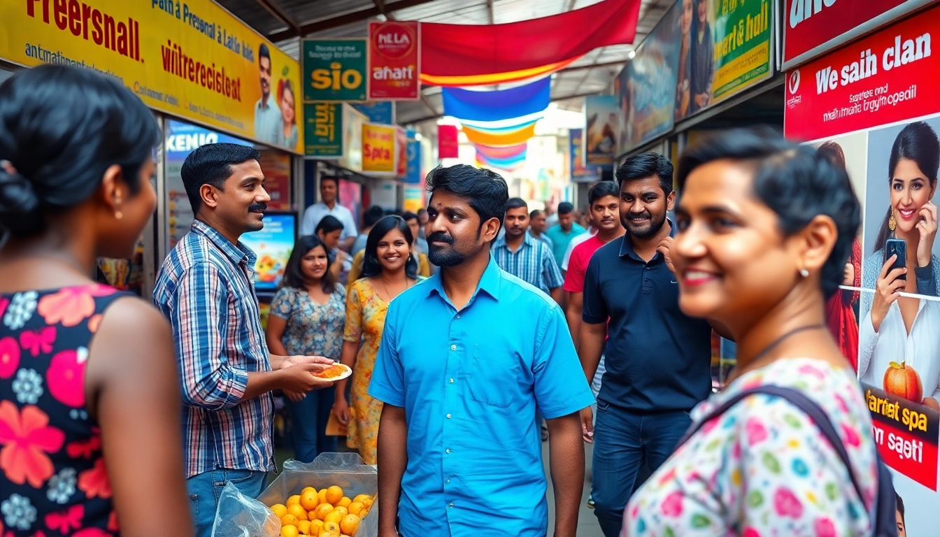 Vibrant marketplace scene highlighting Hela Ads with diverse people interacting and colorful advertisements.