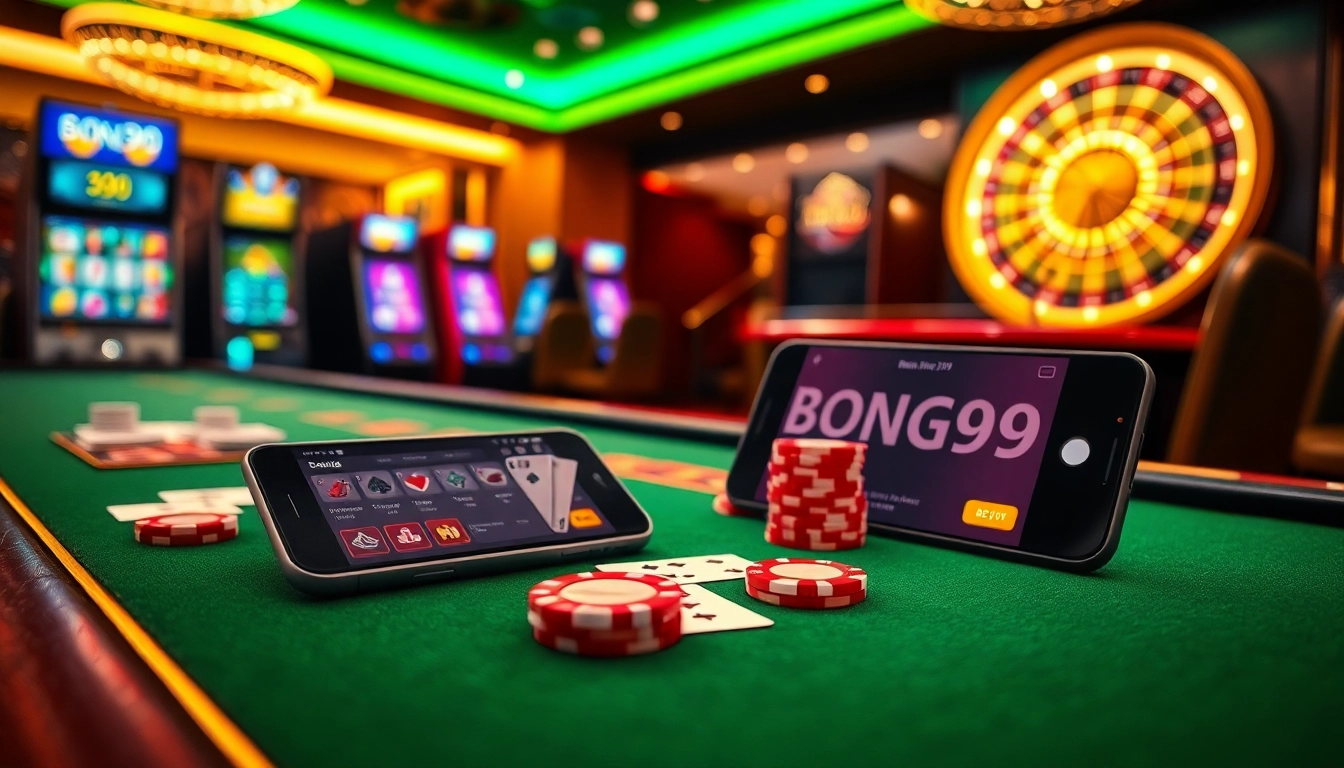 Bong99 showcasing a luxurious online gambling experience with casino tables and vibrant gaming elements.