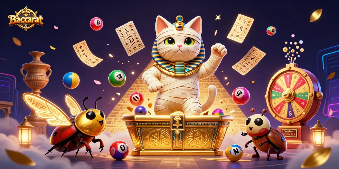 Baccarat scene featuring an Egyptian mummy cat and scarab beetle amidst colorful casino elements.