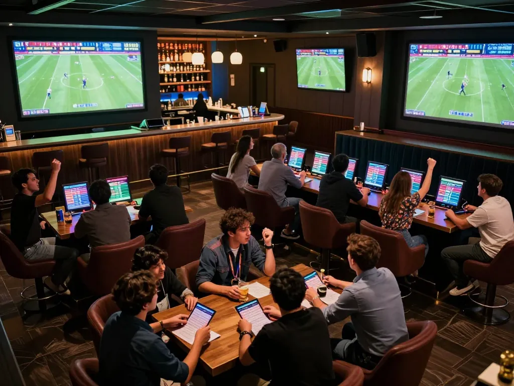 Tỷ Lệ Bóng Đá displayed on large screens in a vibrant sports betting lounge packed with excited fans.