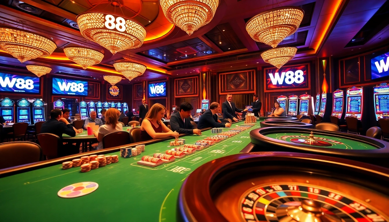 W88 poker table with enthusiastic players and vibrant casino atmosphere.