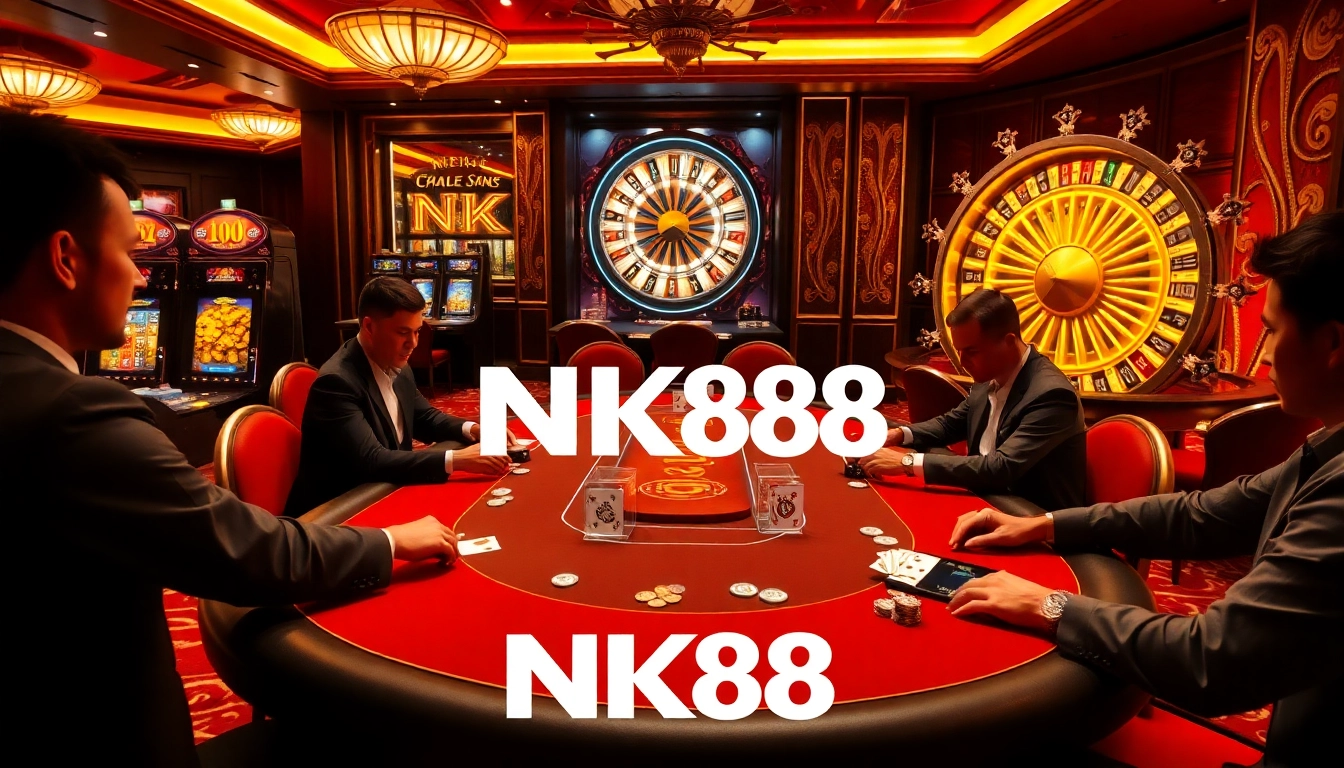 Players enjoying high-stakes poker at NK88's luxurious casino tables.