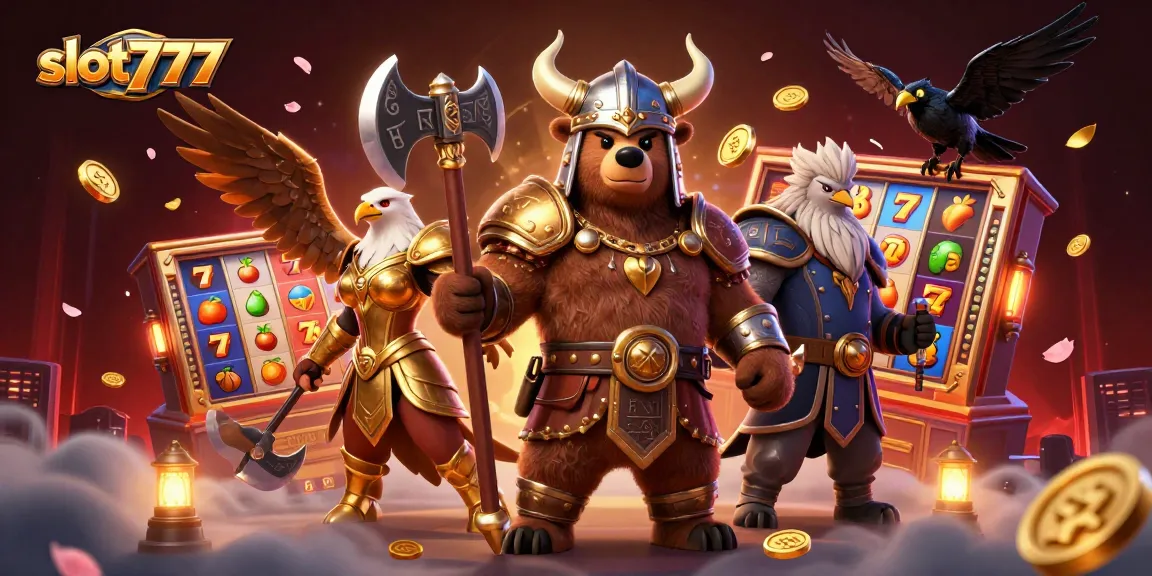 Engage with slot777 in a vibrant 3D casino scene featuring a Viking berserker, a Valkyrie, and slot elements.
