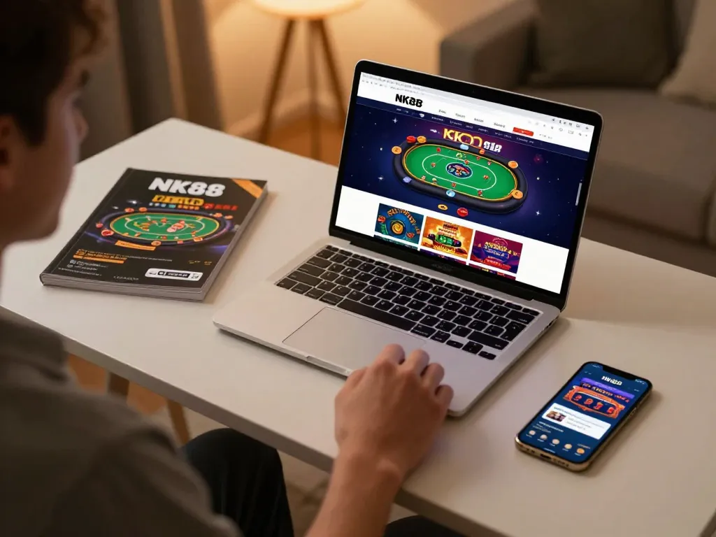 Playing poker on NK88 Homepage with laptop setup showcasing vibrant casino games.