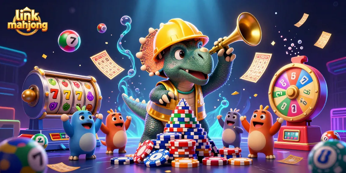 Experience excitement with link mahjong slot reels, dynamic character scene, and vibrant casino elements.