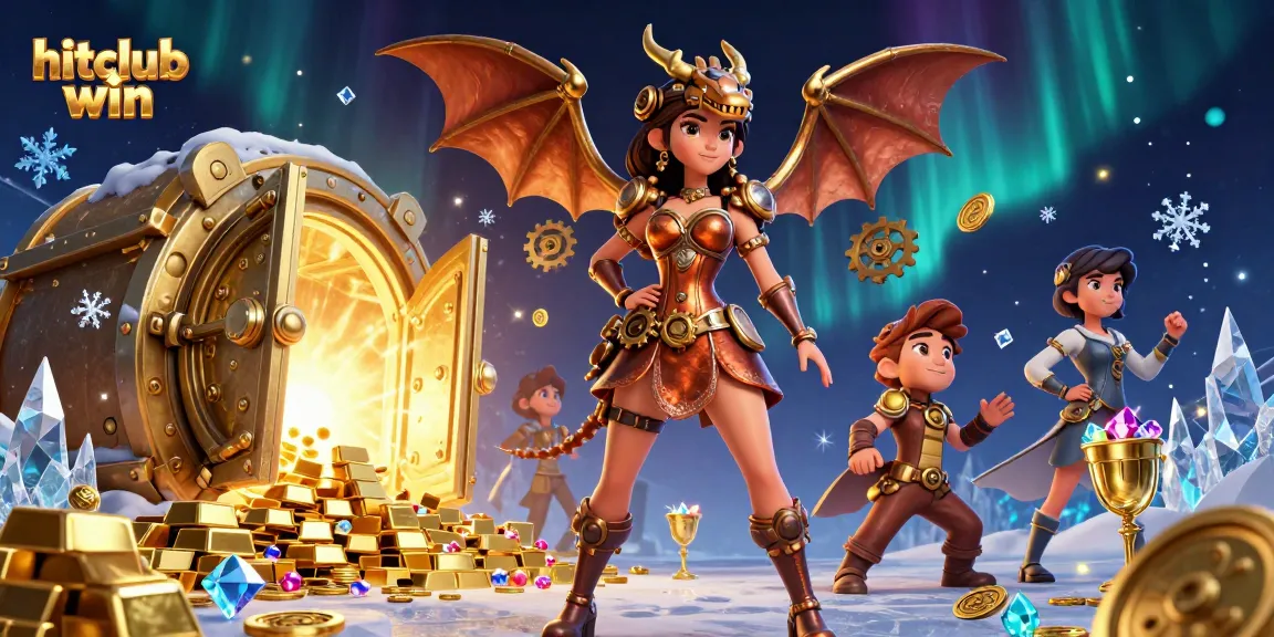 Engage in thrilling victories at hitclub win, featuring dynamic characters, steampunk elements, and shimmering treasures.