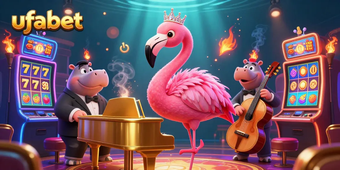 Engage in exciting slot games at ufabet, featuring vibrant casino characters and dynamic gaming elements.