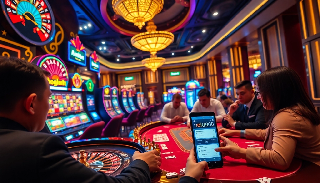 Experience the thrill at nohu90.com with players enjoying roulette and poker in a luxurious casino.