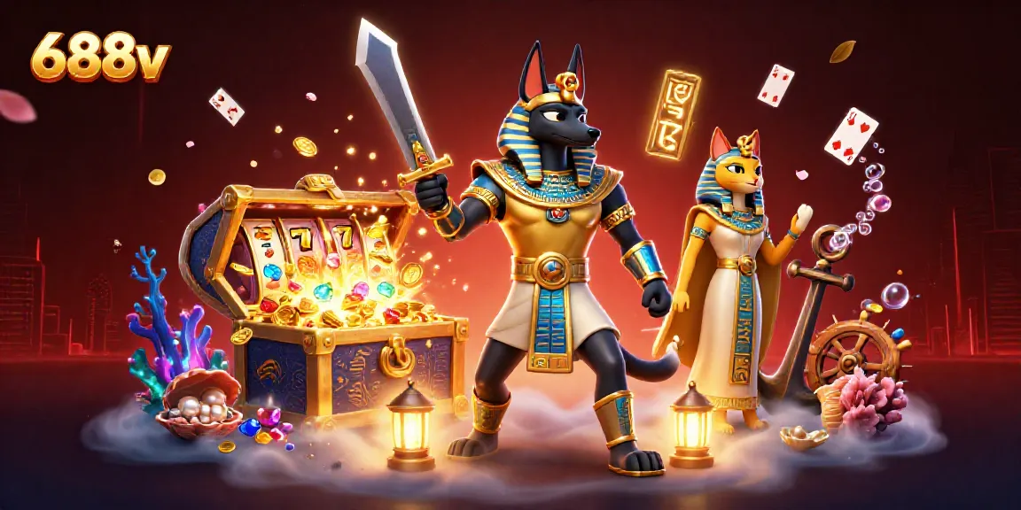 Experience thrilling slot action with the 688v brand featuring Anubis and Bastet in a vivid casino scene.