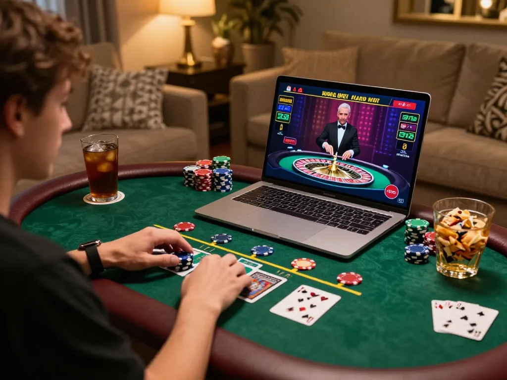 Engaged player using laptop for live casino at kp88 com, showcasing online gaming excitement and strategy