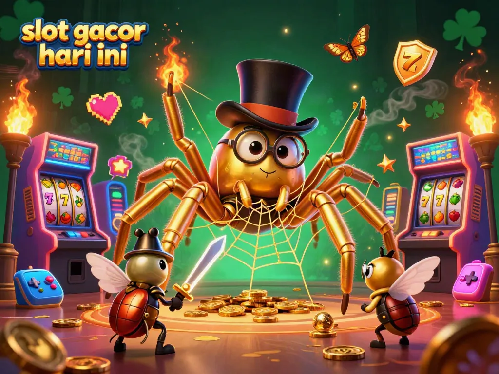 Experience the thrill of slot gacor hari ini with a 3D cartoon scene featuring a golden tarantula and a brave beetle knight.