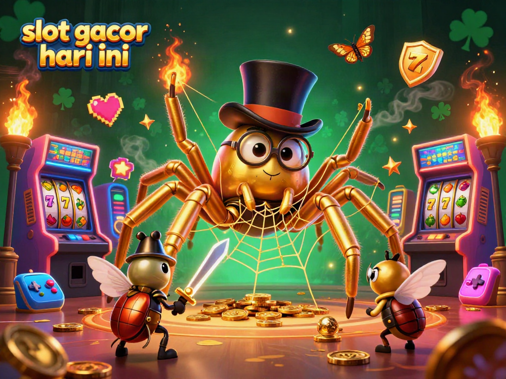 Experience the thrill of slot gacor hari ini with a 3D cartoon scene featuring a golden tarantula and a brave beetle knight.