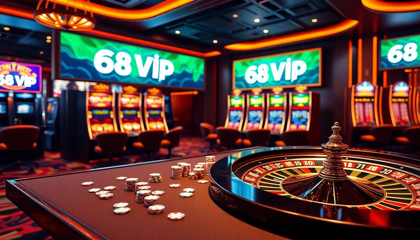 Engaging scene showcasing the Đăng Nhập Nhà Cái 68VIP interface with vibrant casino elements, attracting online gamblers.