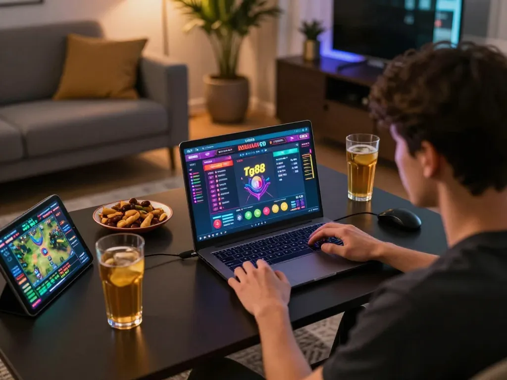 Player enjoying online casino games at tg88, with vibrant graphics on screen and cozy home ambiance.