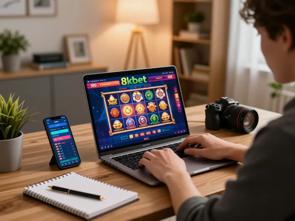 Engaging in online casino games on 8xbet from a cozy home setup, showcasing gameplay