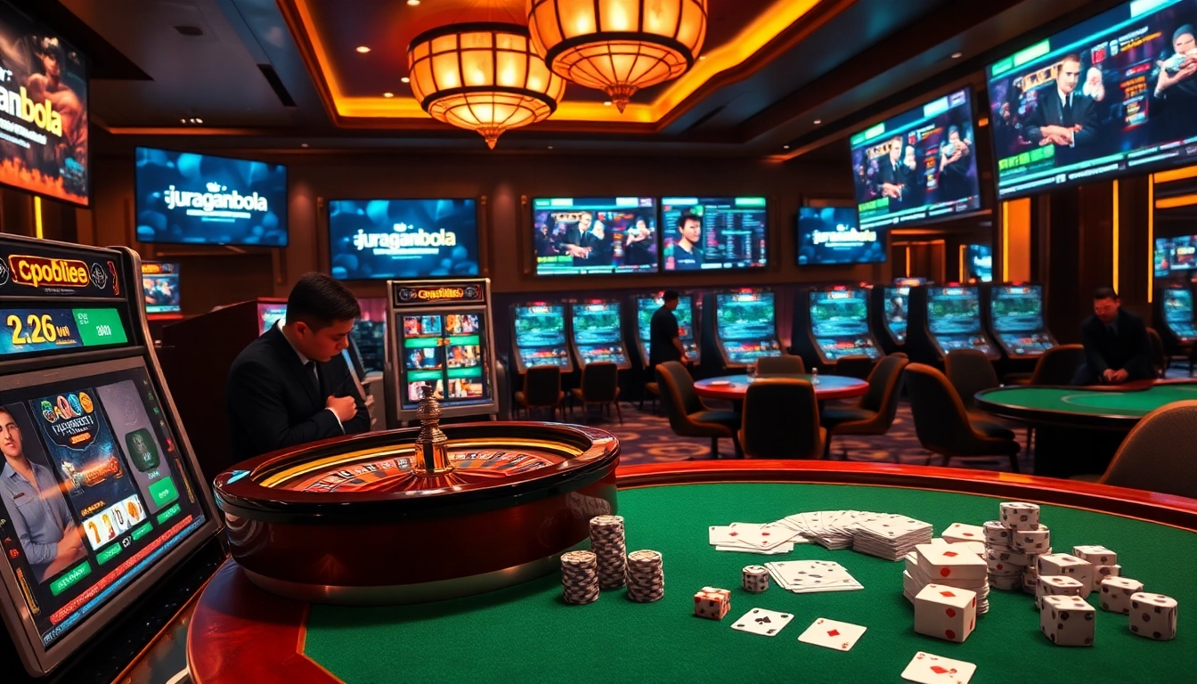 Professional gambler strategizing with juraganbola slot machines, poker chips, and live sportsbook