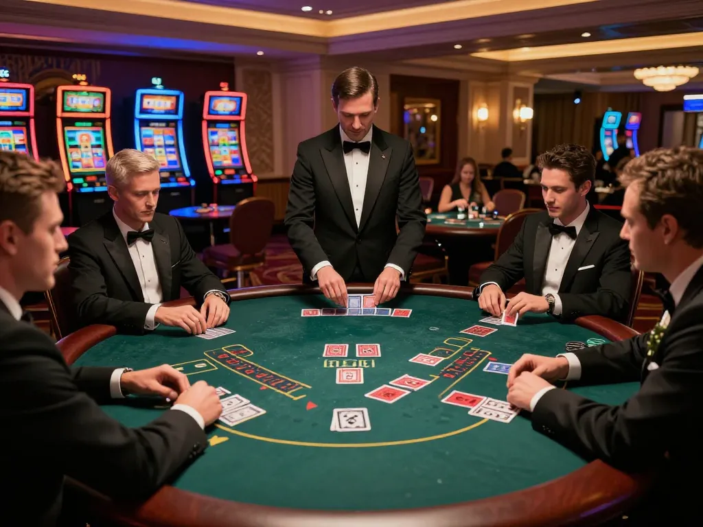 Players strategizing bets at a go8 blackjack table in a luxurious casino setting.