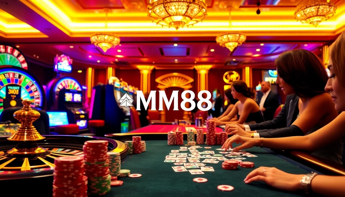 Players enjoying a thrilling game scene at MM88 casino with vibrant roulette wheel and poker tables.
