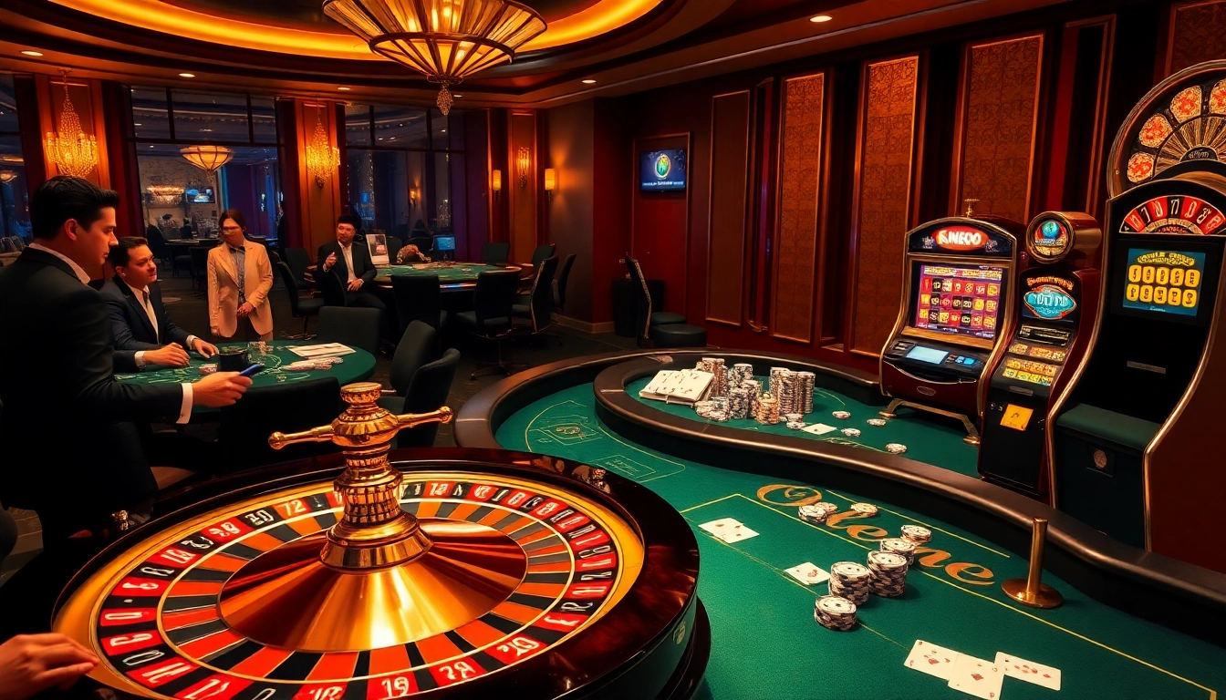 OK8386 highlights an exciting casino scene with roulette, poker, and slot machines.