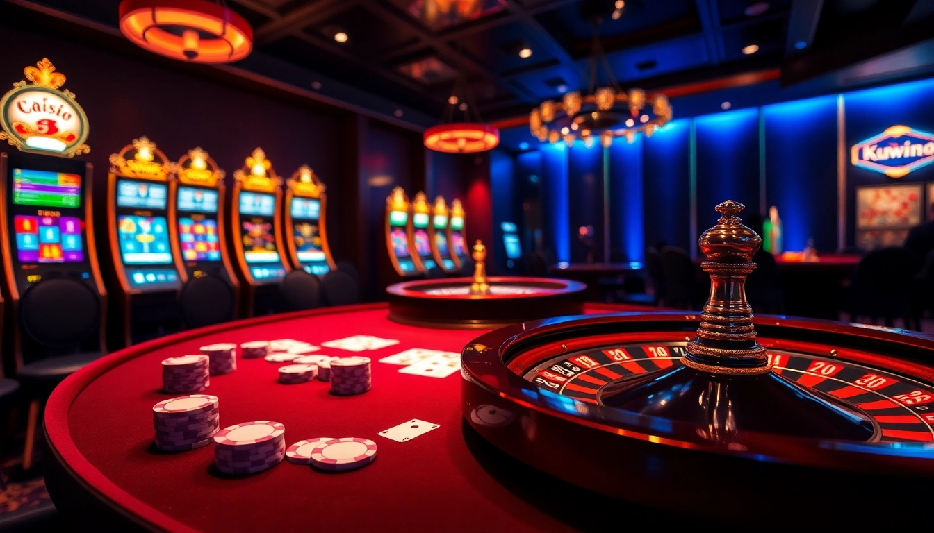 Engaged gamblers at a poker table and slot machines highlight https://kuwinblog.com/'s thrilling casino atmosphere.