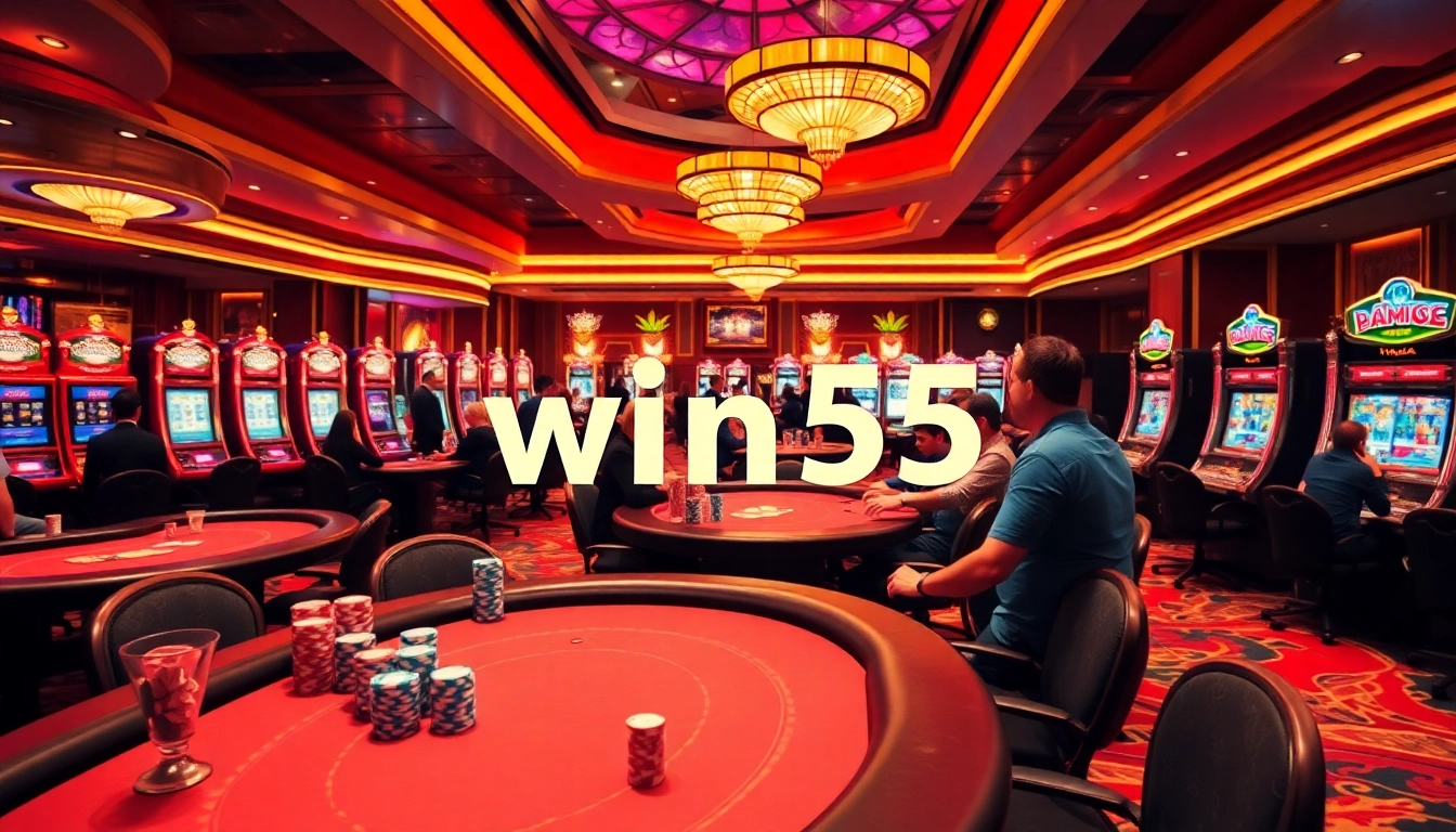 win55 players at a luxurious casino celebrating during exciting gaming sessions.